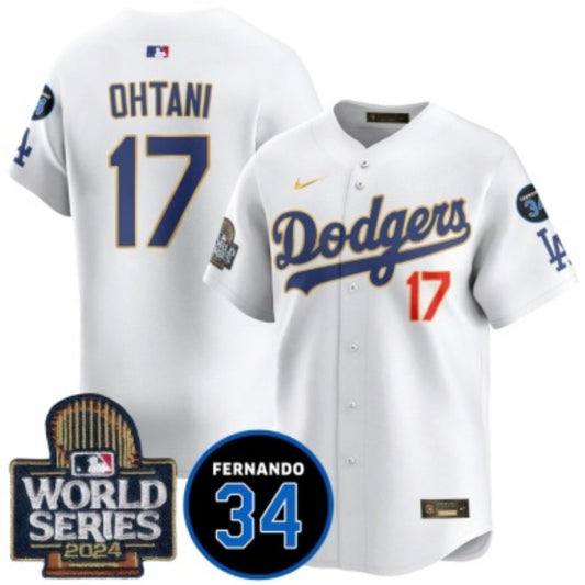CASACA MLB LOS ANGELES DODGERS 2024 CHAMPIONS BLANCO/AZUL/DORADO CON PARCHE VALENZUELA