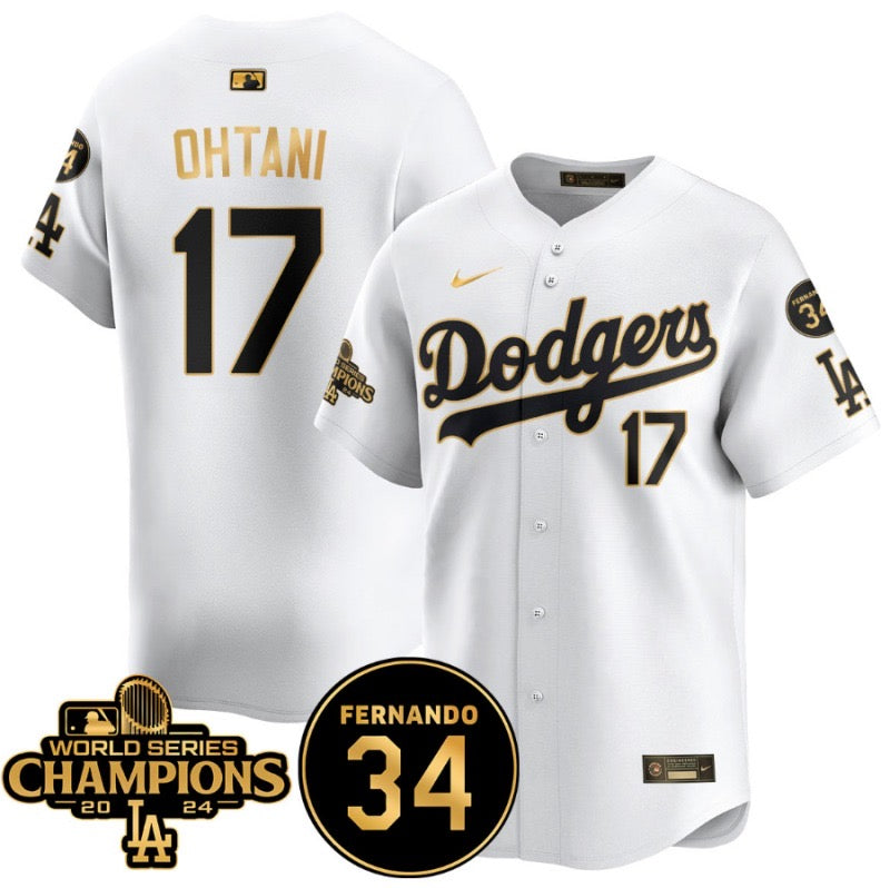 CASACA MLB LOS ANGELES DODGERS 2024 CHAMPIONS BLANCO/NEGRO/DORADO CON PARCHE VALENZUELA